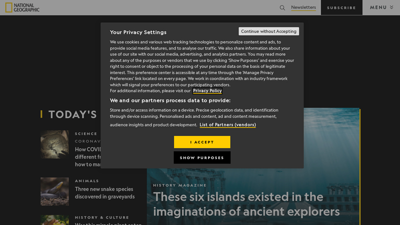 National Geographic - Inspiring People to Care About the Planet Since 1888
National Geographic provides free maps, photos, videos and daily news stories, as well as articles and features about animals, the environment, cultures, history, world music, and travel.
national geographic society, national geographics, nat geo, national geografics, magazine, channel, subscriptions, shop, photography, videos, world music, news, maps, atlas, places, travel